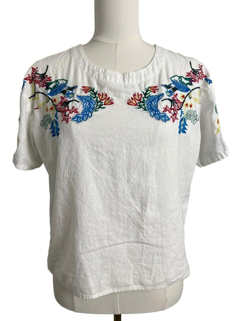 Lei Shi BY Blouse Womens White Embroidered Floral Linen Short Sleeve Boho Top